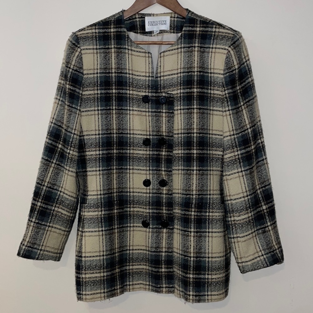 EXECUTIVE Collection Plaid Tan Black Grey Blazer - Picture 3 of 10